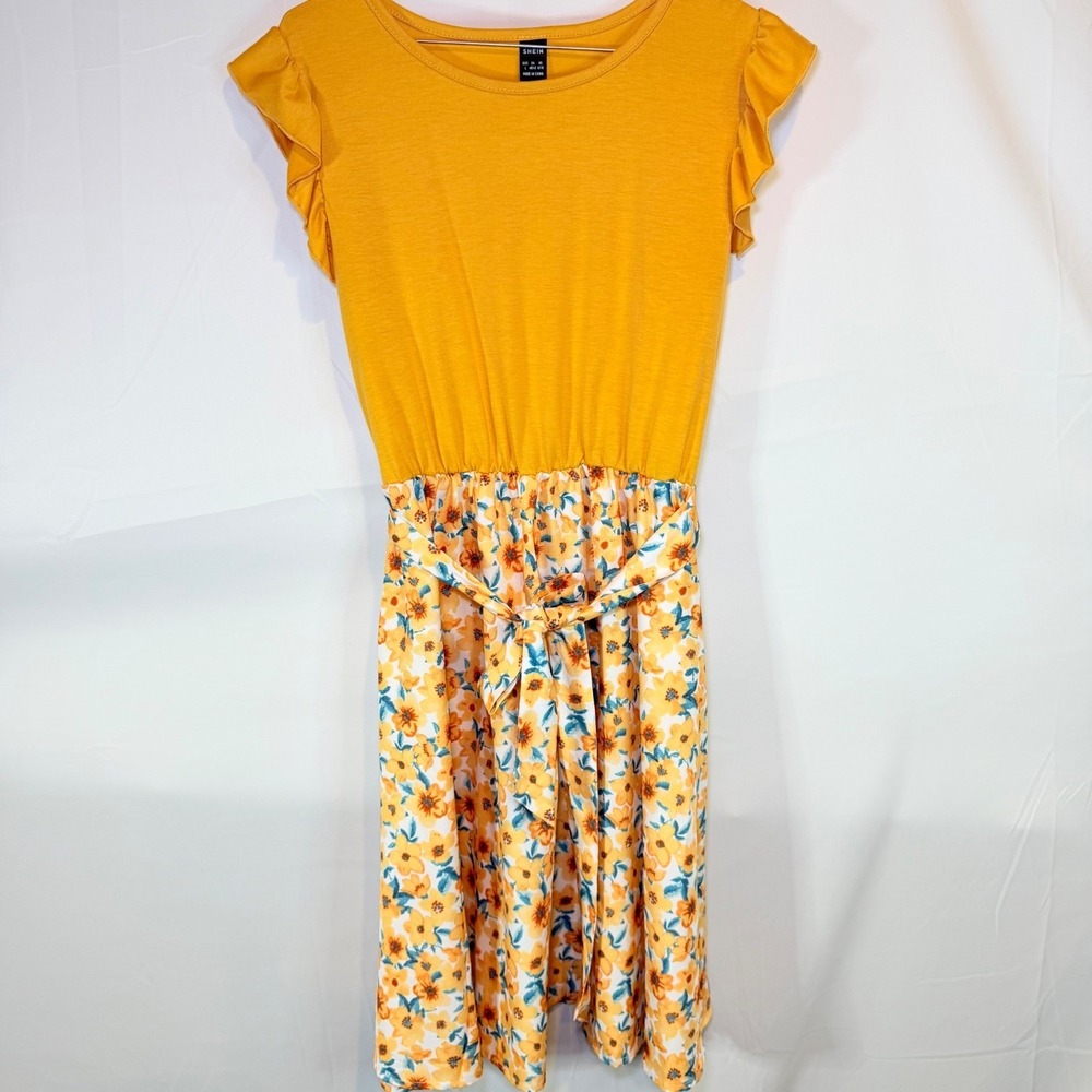 SHEIN Women's Yellow Floral Ruffle Sleeve Tie‎ Waist A-Line Dress Size L